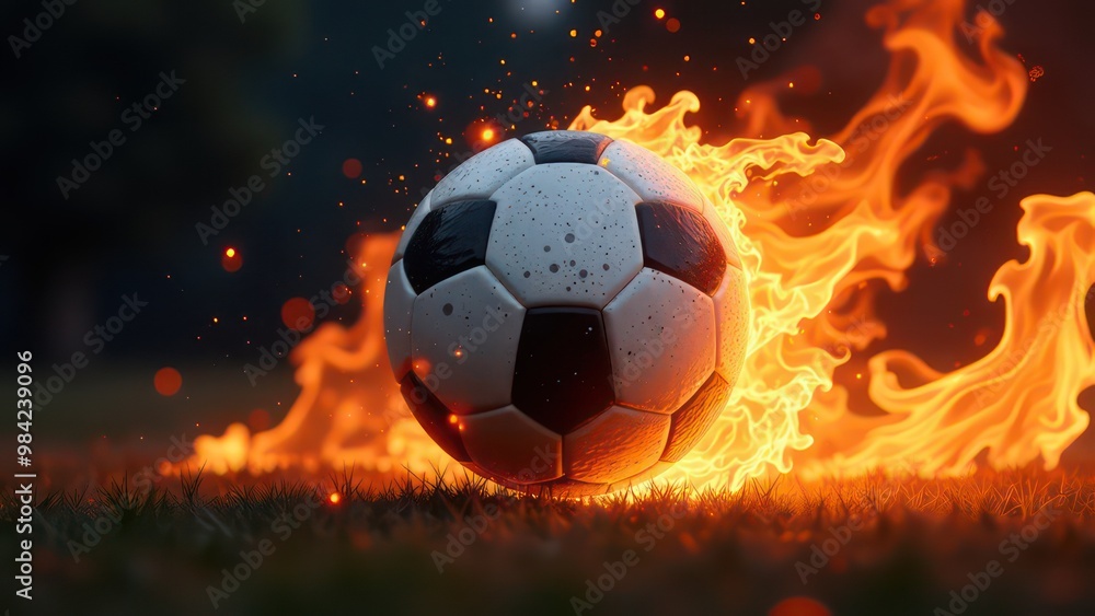 Fototapeta premium Soccer ball on fire on dark background