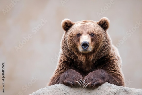 A brown bear resting on a rock, natural habitat surroundings.