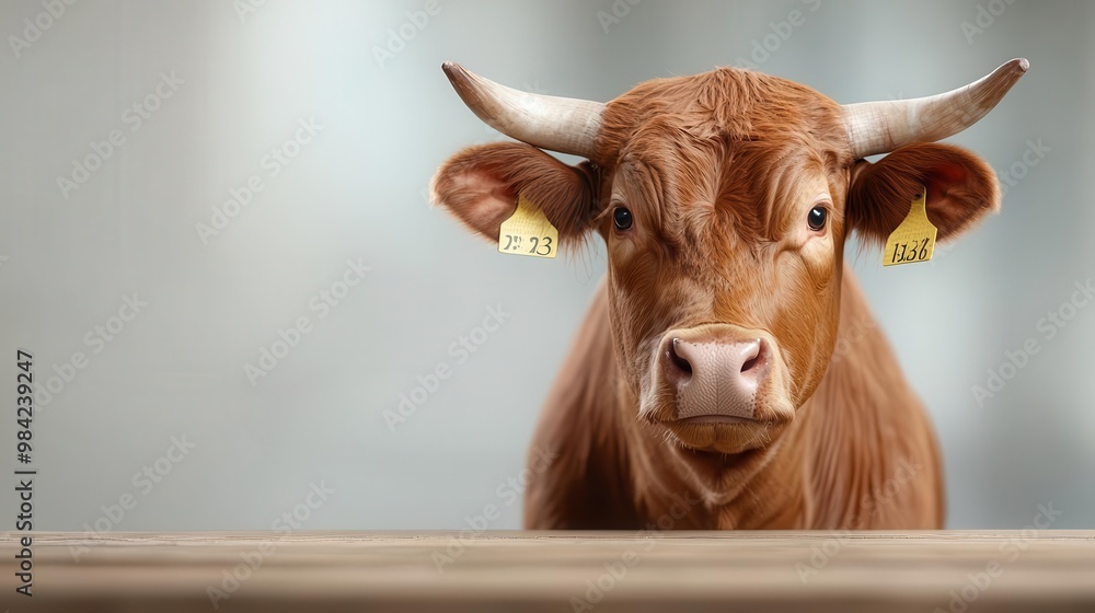 Naklejka premium Brown cow with ear tags, soft focus background