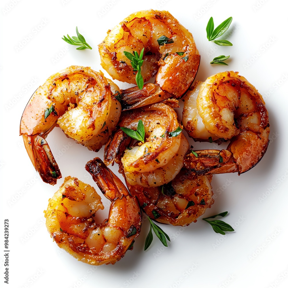 Grilled shrimps with herbs on a white isolated background Grilled shrimps with herbs on a white isolated background
