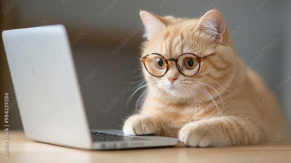 Cat with glasses using a laptop at home, thoughtful expression. Cat with glasses using a laptop at home, thoughtful expression.