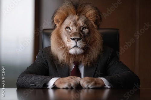 Business lion in a suit sitting at a boardroom table. photo