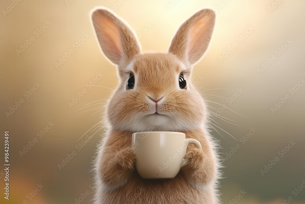 Obraz premium Cute rabbit holding a cup in a serene, blurred background.