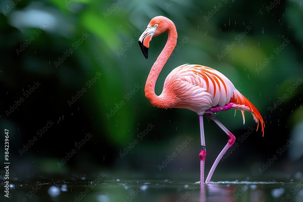 Fototapeta premium Flamingo standing gracefully in a serene wetland habitat.