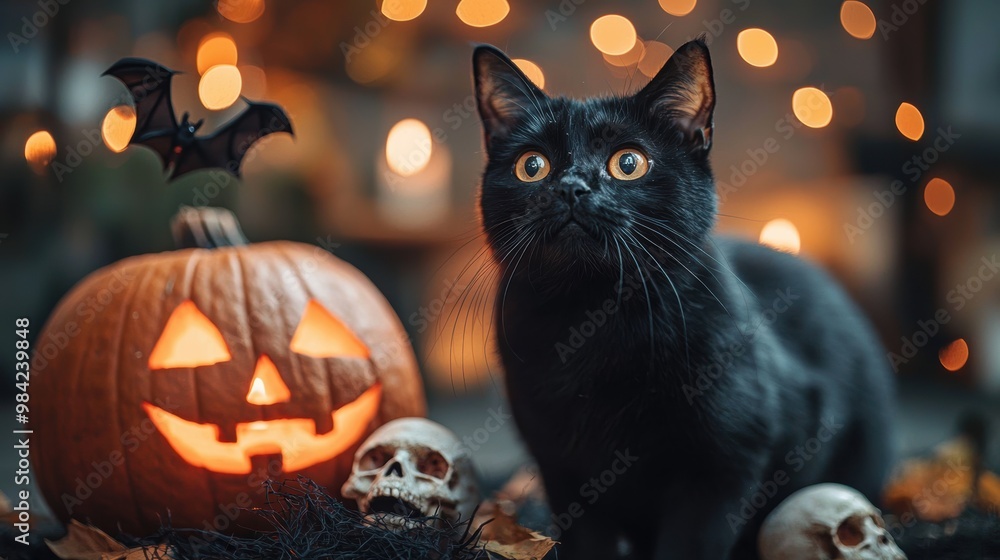 A dark Halloween night with a black cat lurking near a carved pumpkin, bats fluttering around, and giant spiders crawling on their webs among creepy decorations like skulls and candles. A dark Halloween night with a black cat lurking near a carved pumpkin, bats fluttering around, and giant spiders crawling on their webs among creepy decorations like skulls and candles.