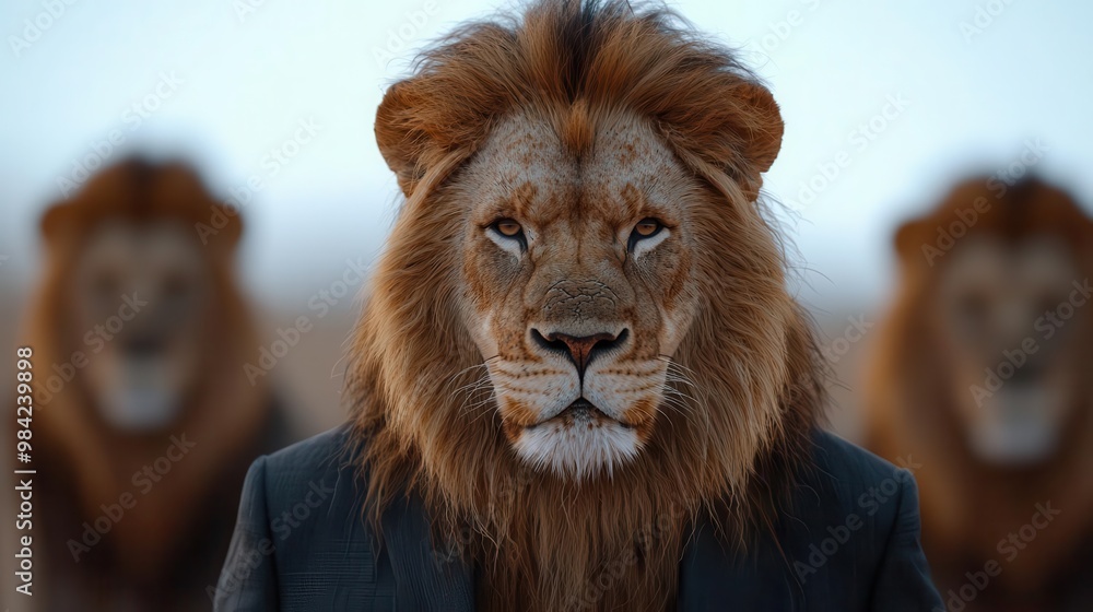 Fototapeta premium Lion wearing a suit, fierce expression, white isolate background
