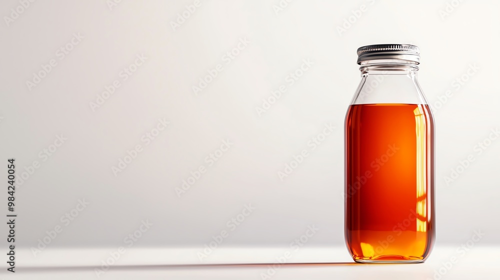 Brown liquid in a clear bottle on a white background. Brown liquid in a clear bottle on a white background.