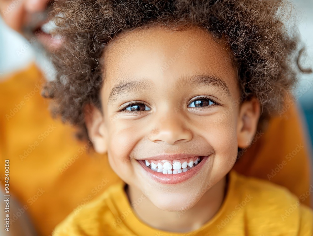 A young child with a yellow shirt is smiling and has his teeth showing A young child with a yellow shirt is smiling and has his teeth showing