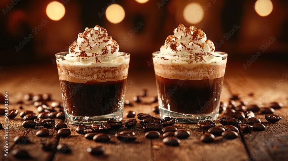 Dark coffee and cream dessert in shot glasses, topped with whipped cream and scattered brown coffee beans on a wooden table. Dark coffee and cream dessert in shot glasses, topped with whipped cream and scattered brown coffee beans on a wooden table.
