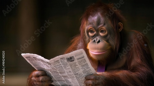 Orangutan reading a newspaper, focused expression, natural setting. photo