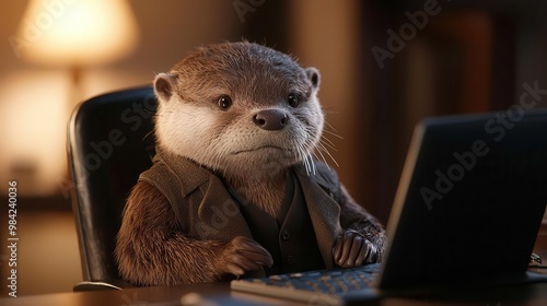 Otter in a vest working on a laptop, indoor setting. photo