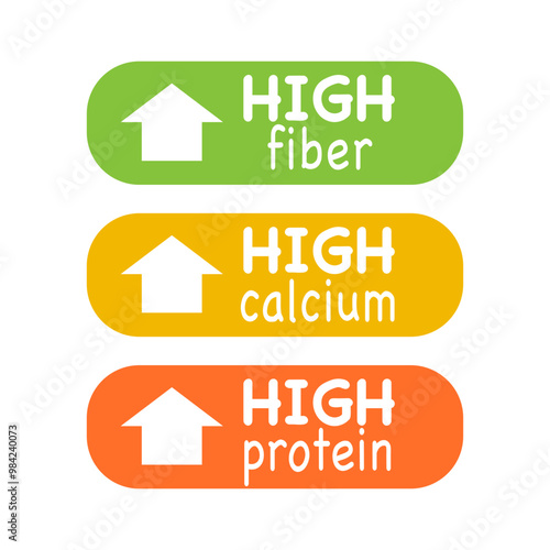 High calcium, fiber and protein labels vector set.