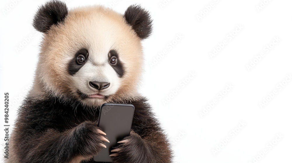 Panda using smartphone, white isolated background Panda using smartphone, white isolated background