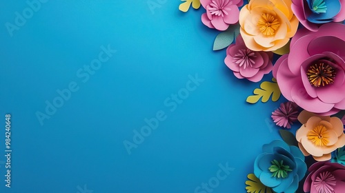 Photo of a blue background with colorful paper flowers on the right side. Web banner with copy space on the left. photo