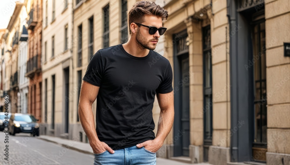 Urban Cool: A stylish young man exudes confidence in a simple black t-shirt and denim jeans, effortlessly blending into the urban landscape. Urban Cool: A stylish young man exudes confidence in a simple black t-shirt and denim jeans, effortlessly blending into the urban landscape.