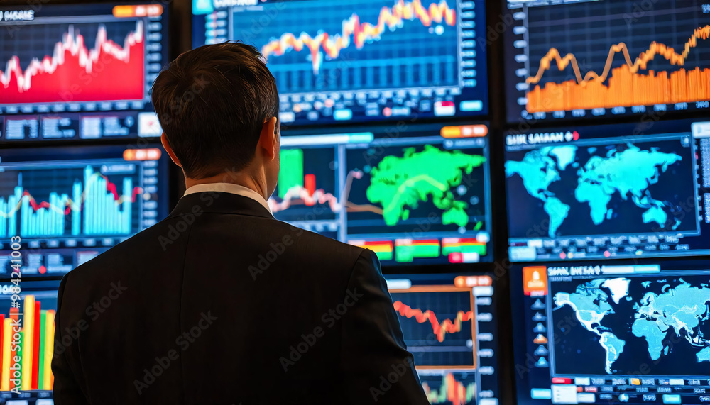 A man in a suit standing in front of multiple large screens displaying various financial data visualizations, stock chat, analysis of data, information on screen