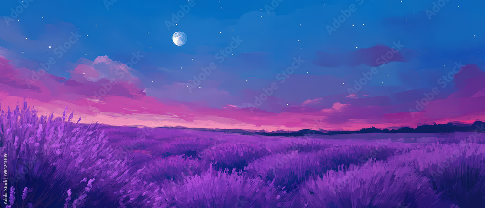 Tranquil Lavender Field Under Moonlit Sky Tranquil Lavender Field Under Moonlit Sky