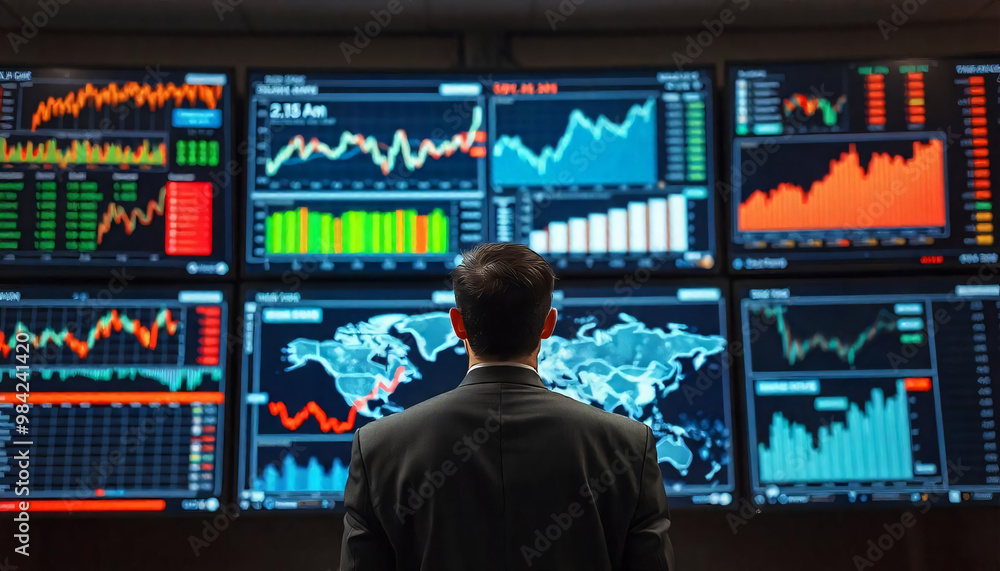 A man in a suit standing in front of multiple large screens displaying various financial data visualizations, stock chat, analysis of data, information on screen A man in a suit standing in front of multiple large screens displaying various financial data visualizations, stock chat, analysis of data, information on screen