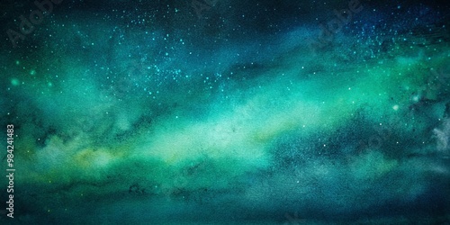 Grainy abstract background resembling a galaxy with teal and green hues, starry sky texture, ideal for banners, posters, or digital design.
