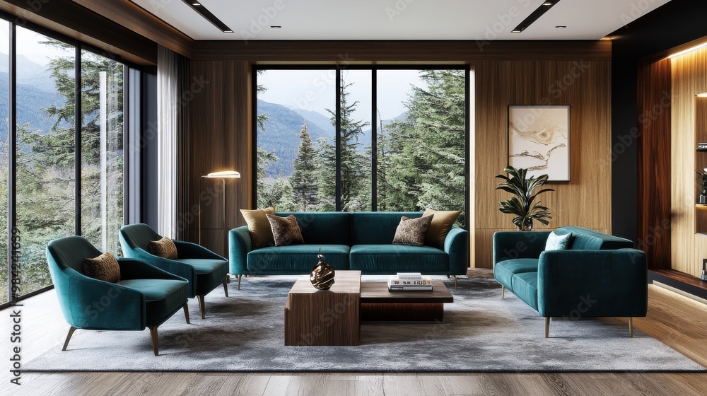 A modern living room featuring a deep teal velvet sofa and matching armchairs, paired with a plush A modern living room featuring a deep teal velvet sofa and matching armchairs, paired with a plush