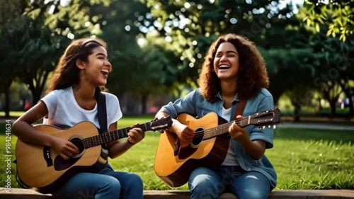 Two girls playing acoustic guitar outdoors 