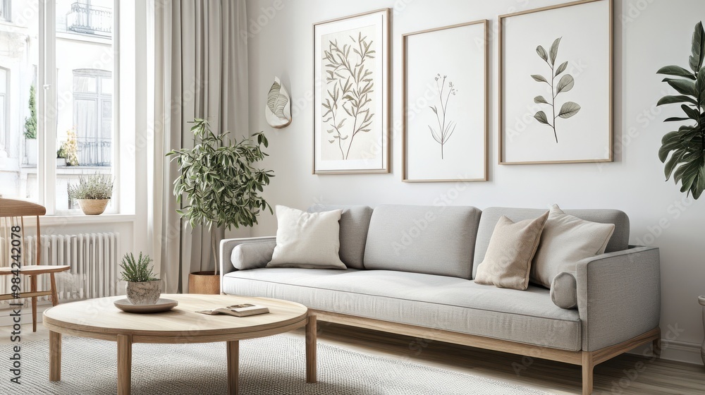 A modern living room featuring a sleek gray couch and matching decor elements A modern living room featuring a sleek gray couch and matching decor elements