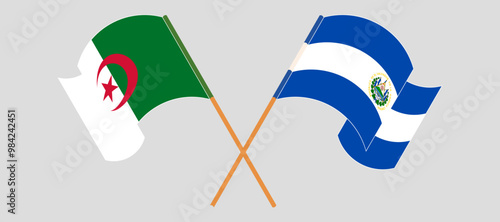 Crossed and waving flags of Algeria and Republic of El Salvador. Vector illustration