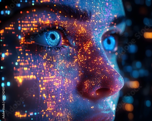 a digital face composed of thousands of glowing pixels  each a different shade of blue  green  and purple  forming the expression of an ai entity. ai face composed of digital pixels