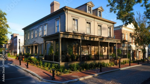 A boutique hotel with intricate James Hardie siding, located in a historic downtown district, blending traditional architecture with modern fire-resistance and insulation properties