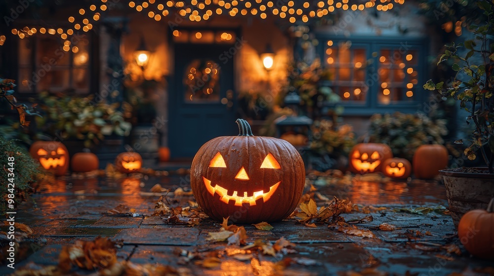 A Halloween party setup with string lights overhead, a variety of carved and painted pumpkins, and glowing Jack-o'-Lanterns scattered around, creating a fun and spooky festive environment A Halloween party setup with string lights overhead, a variety of carved and painted pumpkins, and glowing Jack-o'-Lanterns scattered around, creating a fun and spooky festive environment
