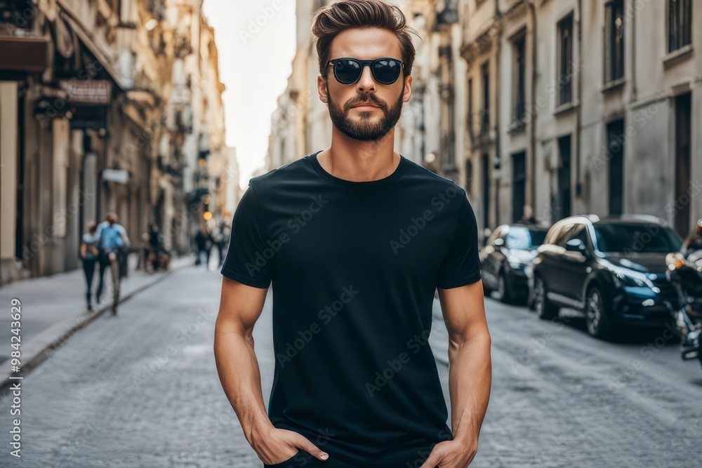 Street Style Confidence: A stylish young man in a black t-shirt and sunglasses walks confidently down a Parisian street, radiating cool vibes and urban sophistication. Street Style Confidence: A stylish young man in a black t-shirt and sunglasses walks confidently down a Parisian street, radiating cool vibes and urban sophistication.