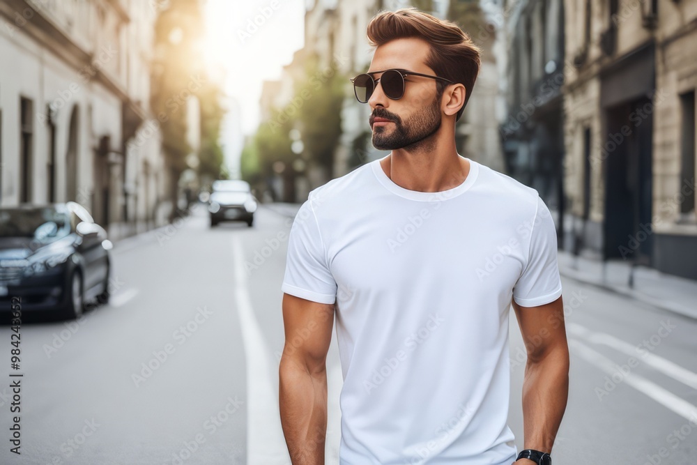 A handsome man with a beard and sunglasses strolls confidently down a city street, exuding an effortless cool. A handsome man with a beard and sunglasses strolls confidently down a city street, exuding an effortless cool.