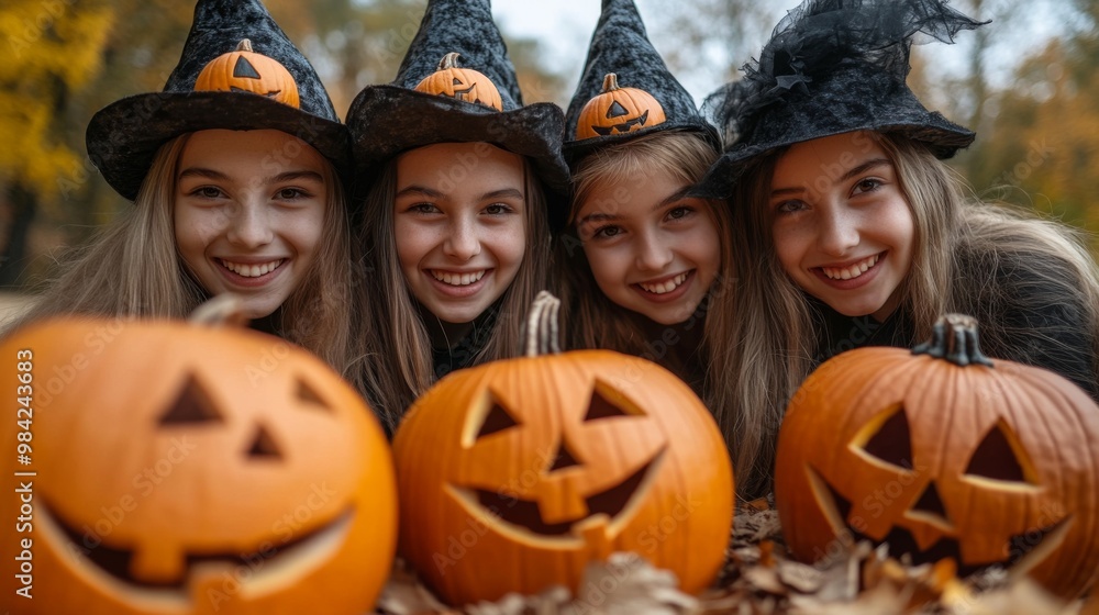 Playful Witches and Glowing Pumpkins: Fun Halloween Celebrations in Autumn Forest Playful Witches and Glowing Pumpkins: Fun Halloween Celebrations in Autumn Forest