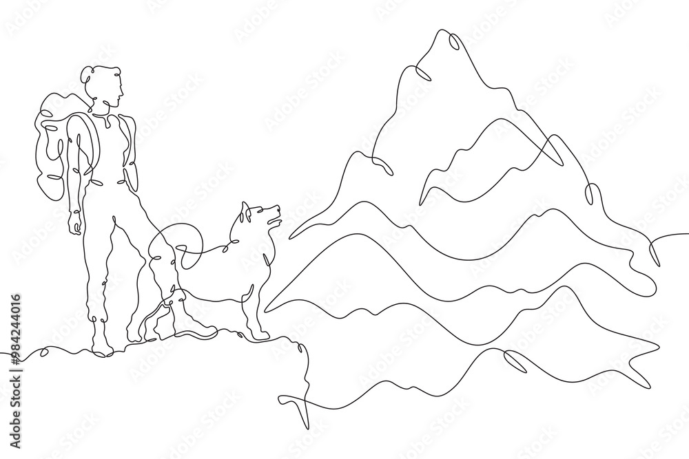 Continuous one line drawing woman with dog in nature. Tourist with backpack looks at high mountains. Traveler with dog on the way. Mountain landscape. One continuous line isolated minimal illustration Continuous one line drawing woman with dog in nature. Tourist with backpack looks at high mountains. Traveler with dog on the way. Mountain landscape. One continuous line isolated minimal illustration
