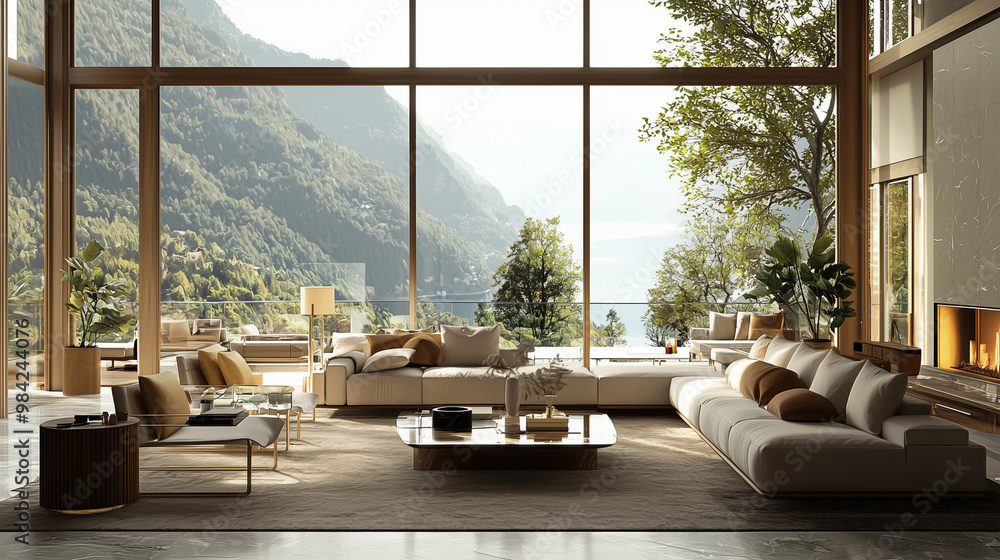 Photo realistic 3D Visualization of a Luxury Living Room with Panoramic Windows and Elegant Ambiance Photo realistic 3D Visualization of a Luxury Living Room with Panoramic Windows and Elegant Ambiance
