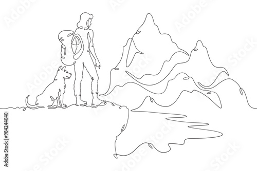 Continuous one line drawing woman with dog in nature. Tourist with backpack looks at high mountains. Traveler with dog on the way. Mountain landscape. One continuous line isolated minimal illustration