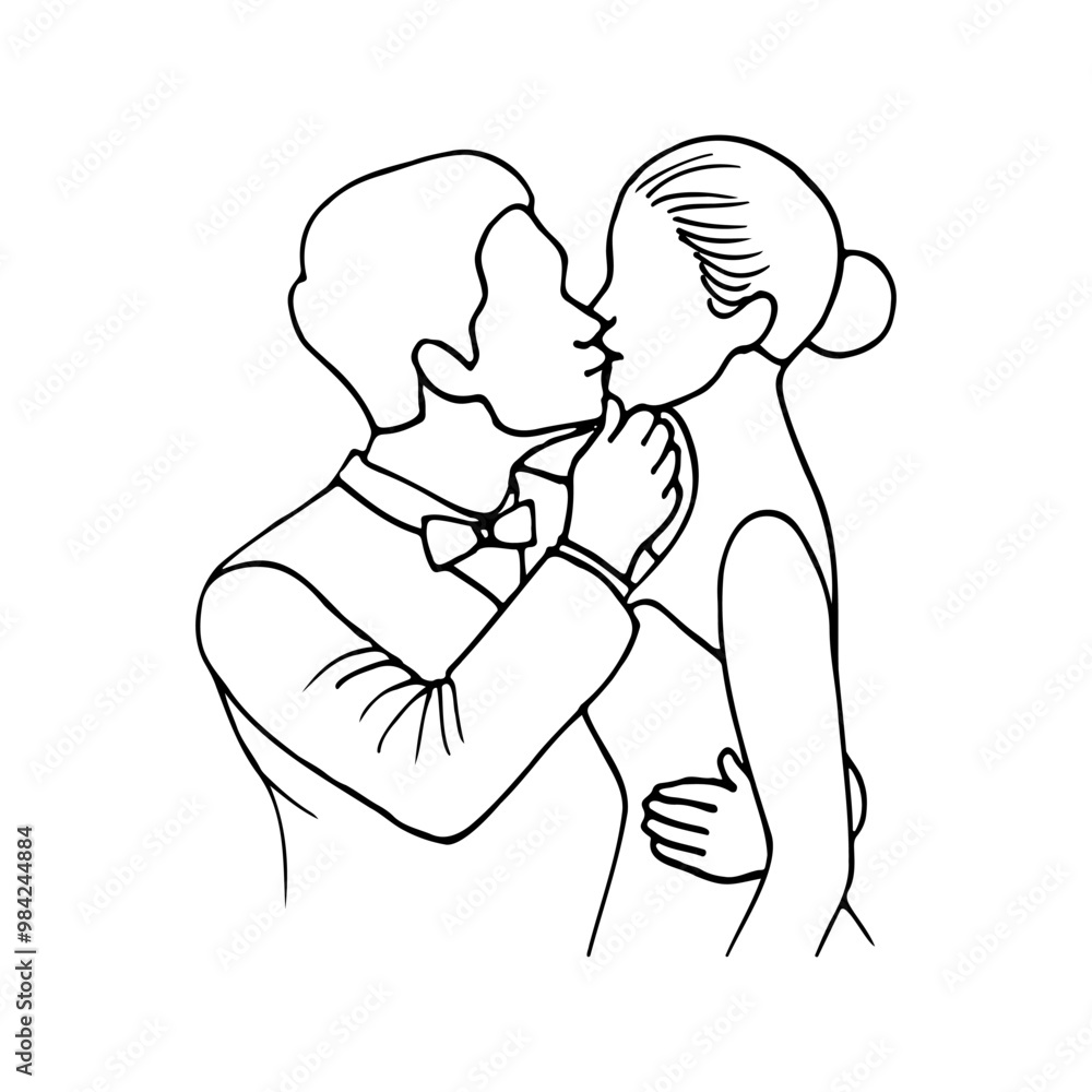 man and woman kissing half portrait in profile - hand drawn doodle. newlyweds in a kiss man and woman kissing half portrait in profile - hand drawn doodle. newlyweds in a kiss