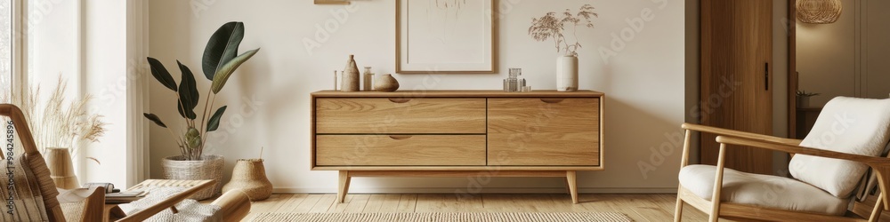 Fototapeta premium Modern Scandinavian living room with wooden commode, design elements, and personal accessories in a unique home decor setting.