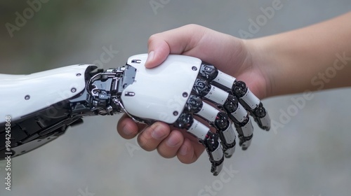 Person's hand joining robotic hand symbolizing tech bond. #984245868