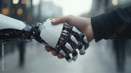 Robotic and human hand connecting for futuristic change.