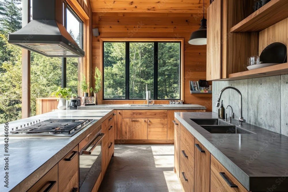 Sleek kitchen interior with concrete countertops, wooden cabinets, and daylight streaming in from a large window. Sleek kitchen interior with concrete countertops, wooden cabinets, and daylight streaming in from a large window.