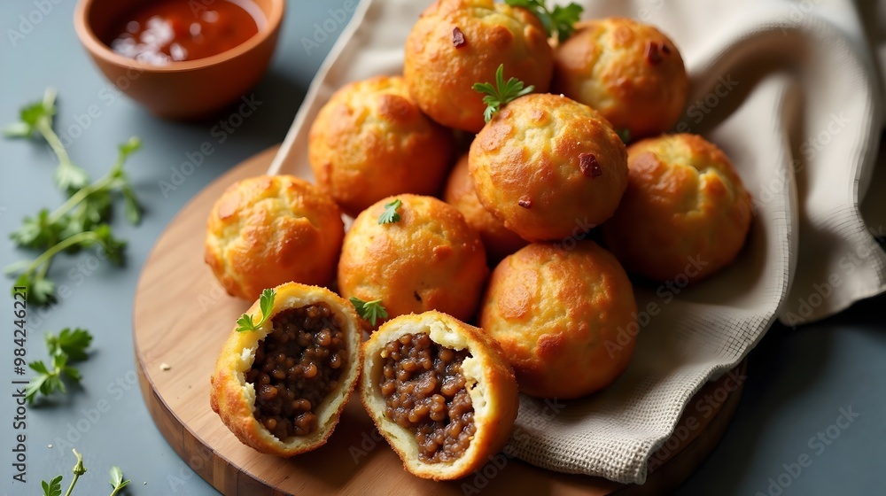 custom made wallpaper toronto digitalAmagwinya (Magwinya) filled with savory mince served with garnish on wooden board (South African cuisine)