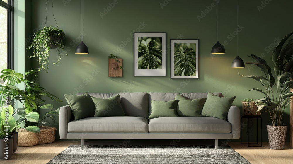 A peaceful living room featuring muted green walls, a soft gray couch with matching green A peaceful living room featuring muted green walls, a soft gray couch with matching green