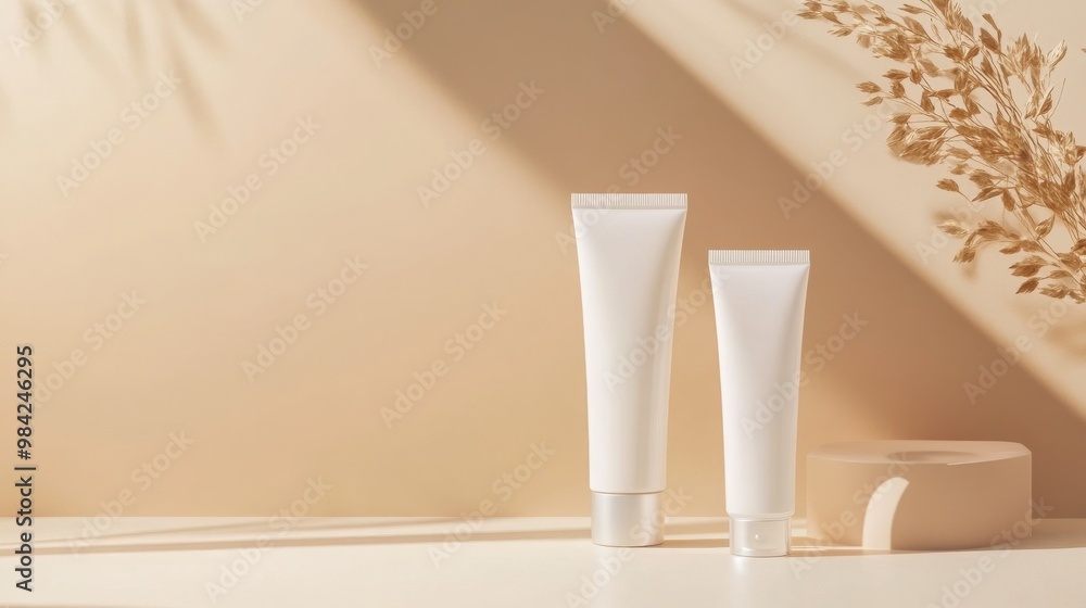 lotion serum bottle moisturizer in tall white tube, beige background, product presentation, copy and text space, 16:9 lotion serum bottle moisturizer in tall white tube, beige background, product presentation, copy and text space, 16:9
