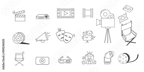 Editable Film icon doddle set, movies drawing collection for background and pattern design,motion picture drawing pack. Hand drawn icon set