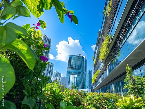 Close-up shot of a vibrant cityscape, urban gardens flourishing amidst steel and glass, bright blue sky above photo