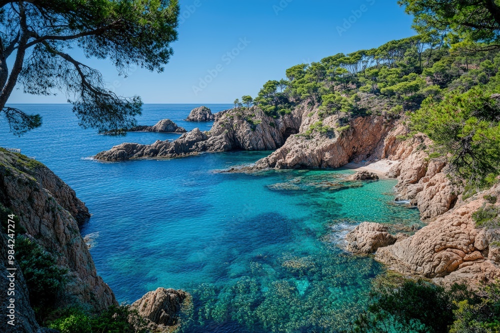 Stunning tropical beach with crystal-clear waters, golden sand, and colorful umbrellas, offering a picturesque travel destination. Beautiful simple AI generated image Stunning tropical beach with crystal-clear waters, golden sand, and colorful umbrellas, offering a picturesque travel destination. Beautiful simple AI generated image