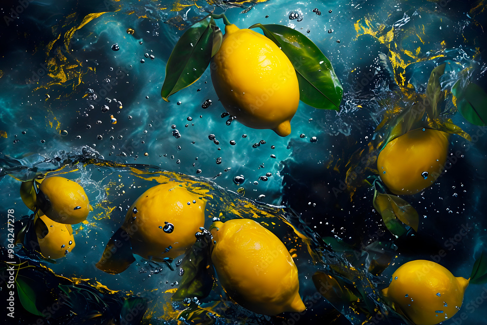 The lemon falls into the water, creating drops, the lemon under the water, The lemon falls into the water, creating drops, the lemon under the water,