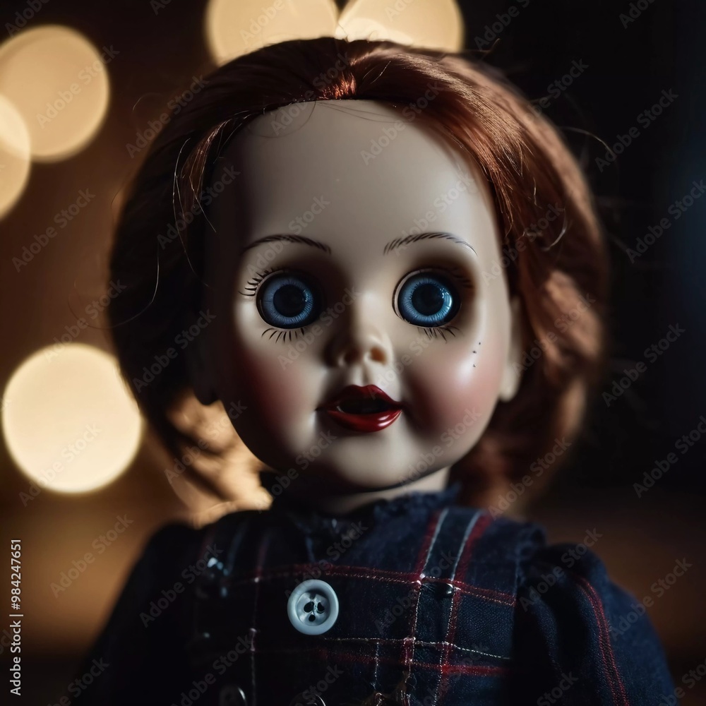 Unsettling doll, featuring dark eyes and red hair, captures attention in a shadowy environment with soft, ambient lighting reflecting an eerie atmosphere. Scary doll for horror and Halloween. AI Unsettling doll, featuring dark eyes and red hair, captures attention in a shadowy environment with soft, ambient lighting reflecting an eerie atmosphere. Scary doll for horror and Halloween. AI