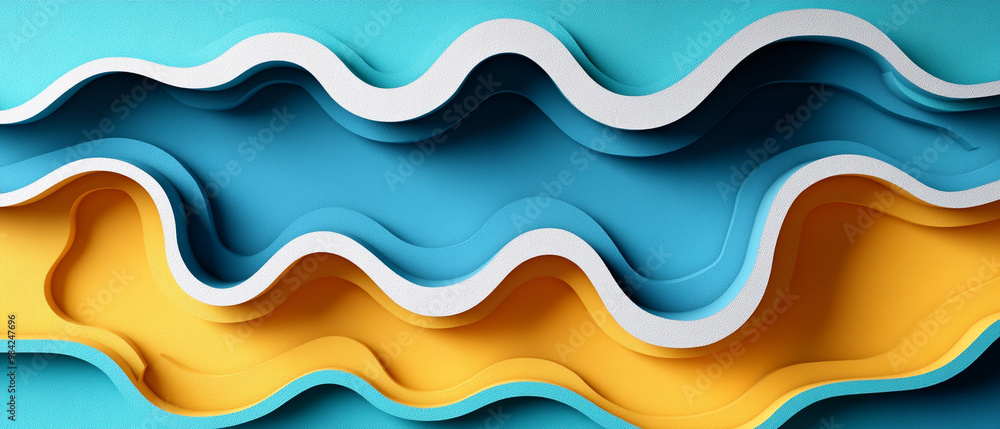 Abstract paper art with layered waves in blue, white, and yellow, creating a vibrant and dynamic background. Abstract paper art with layered waves in blue, white, and yellow, creating a vibrant and dynamic background.